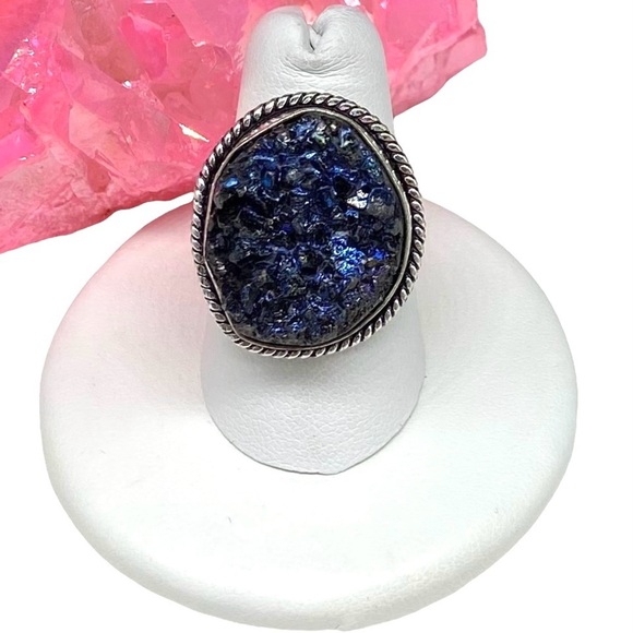 Jewelry - Titanium Druzy Ring Size 8 925 Sterling Silver Overlay Aura Iridescent Stone
